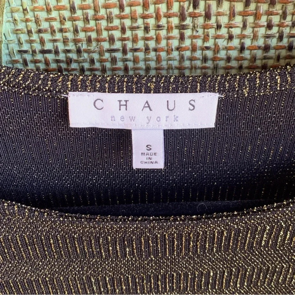 CHAUS WOMENS SCOOP NECK 3/4 LENGTH SLEEVE BLACK & GOLD‎ SPARKLY TUNIC SIZE SMALL - Picture 3 of 9